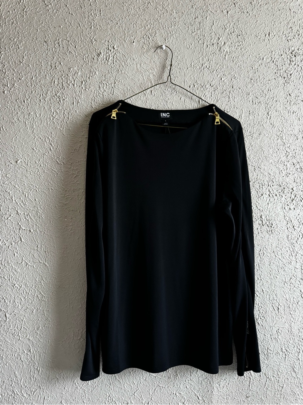 INC International Concepts Black Long-Sleeve Top with Gold Zipper Details